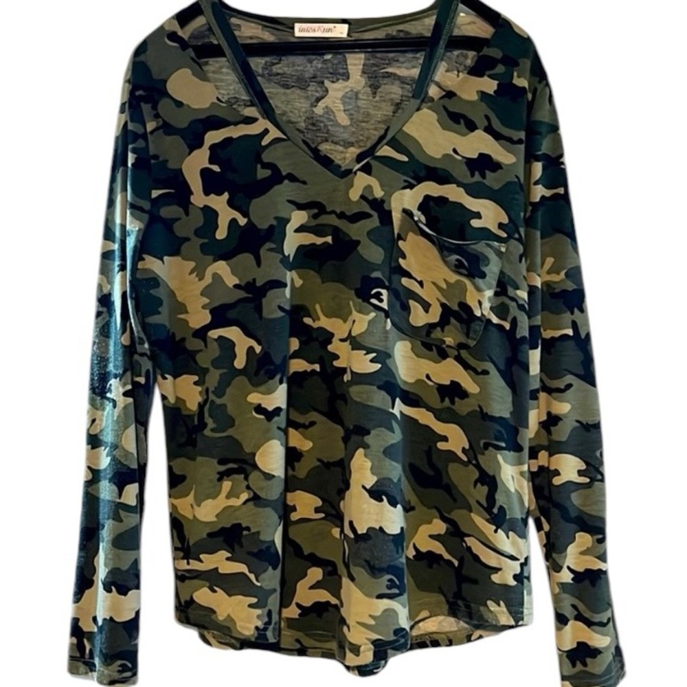 ImesRun Long Sleeve Camo Print Top Vneck Shirt Green Womens XL